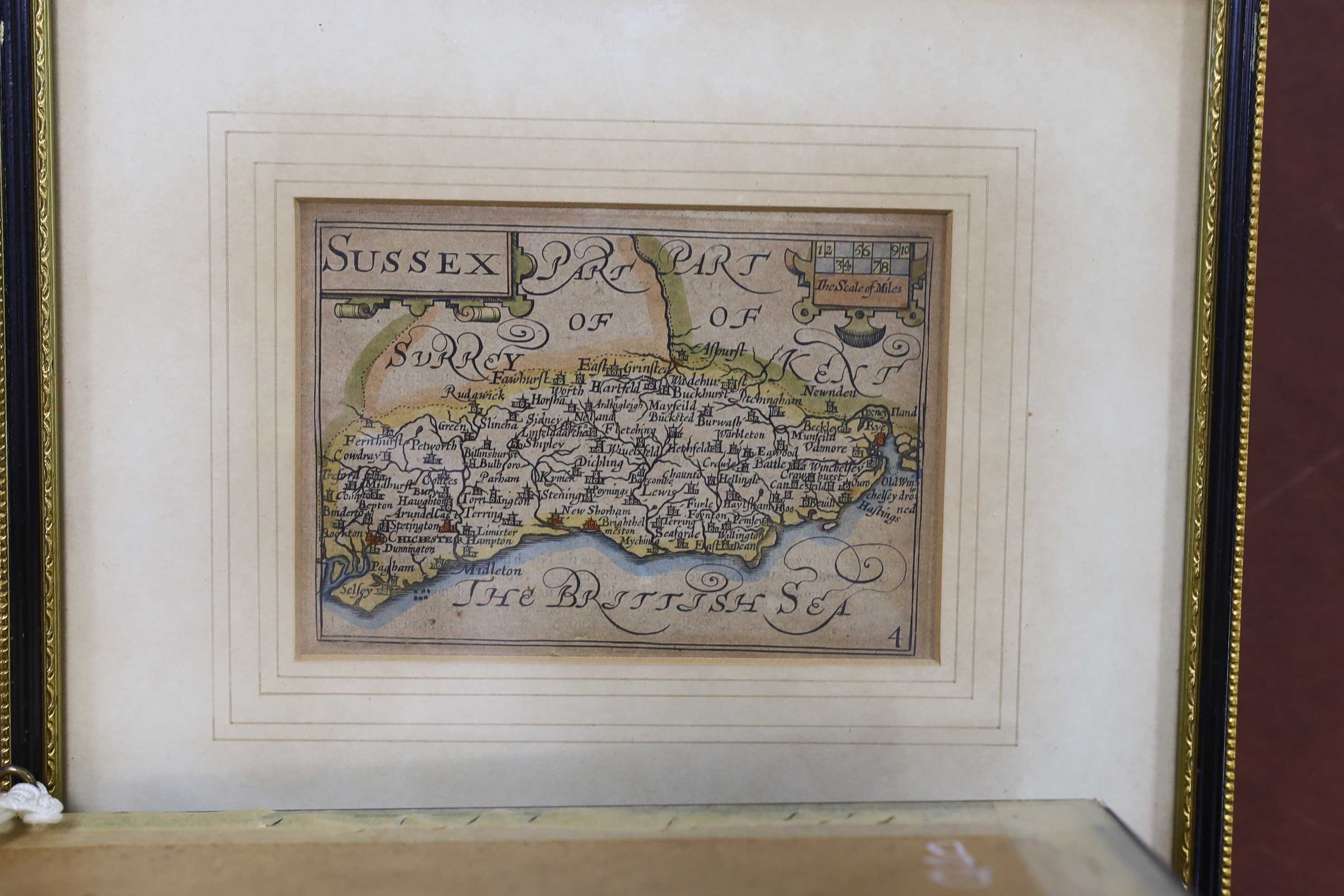 Eight framed 18th and 19th century maps of Sussex, etc., including maps by; Langley, Eman Bowen, Cary, etc. largest 22 x 27cm
